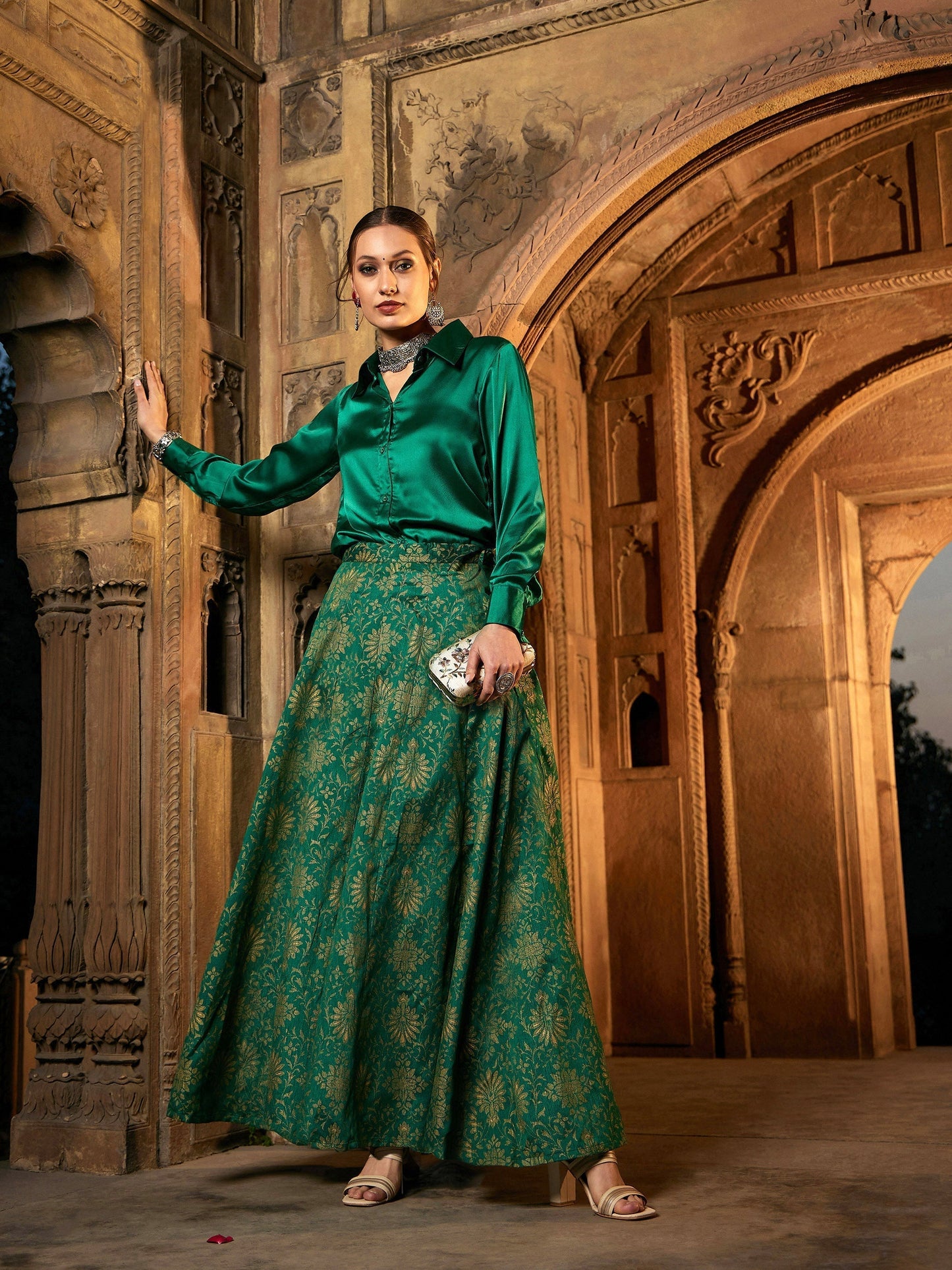 Women's Green Satin Shirt With Brocade Skirt - Lyush