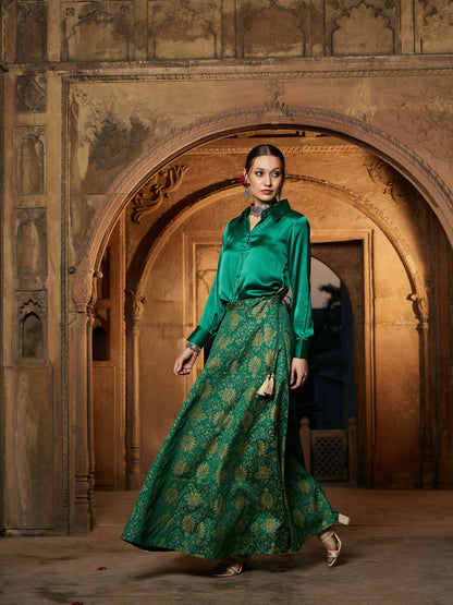 Women's Green Satin Shirt With Brocade Skirt - Lyush