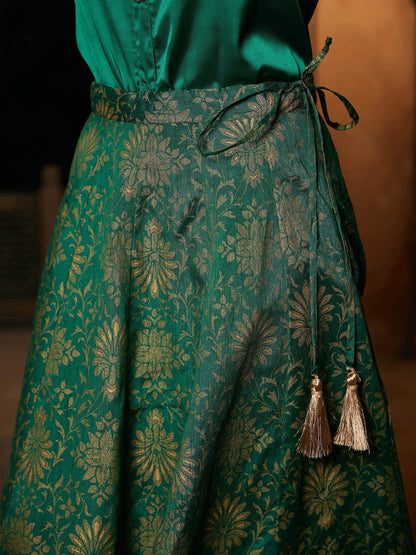 Women's Green Satin Shirt With Brocade Skirt - Lyush