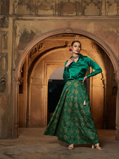 Women's Green Satin Shirt With Brocade Skirt - Lyush