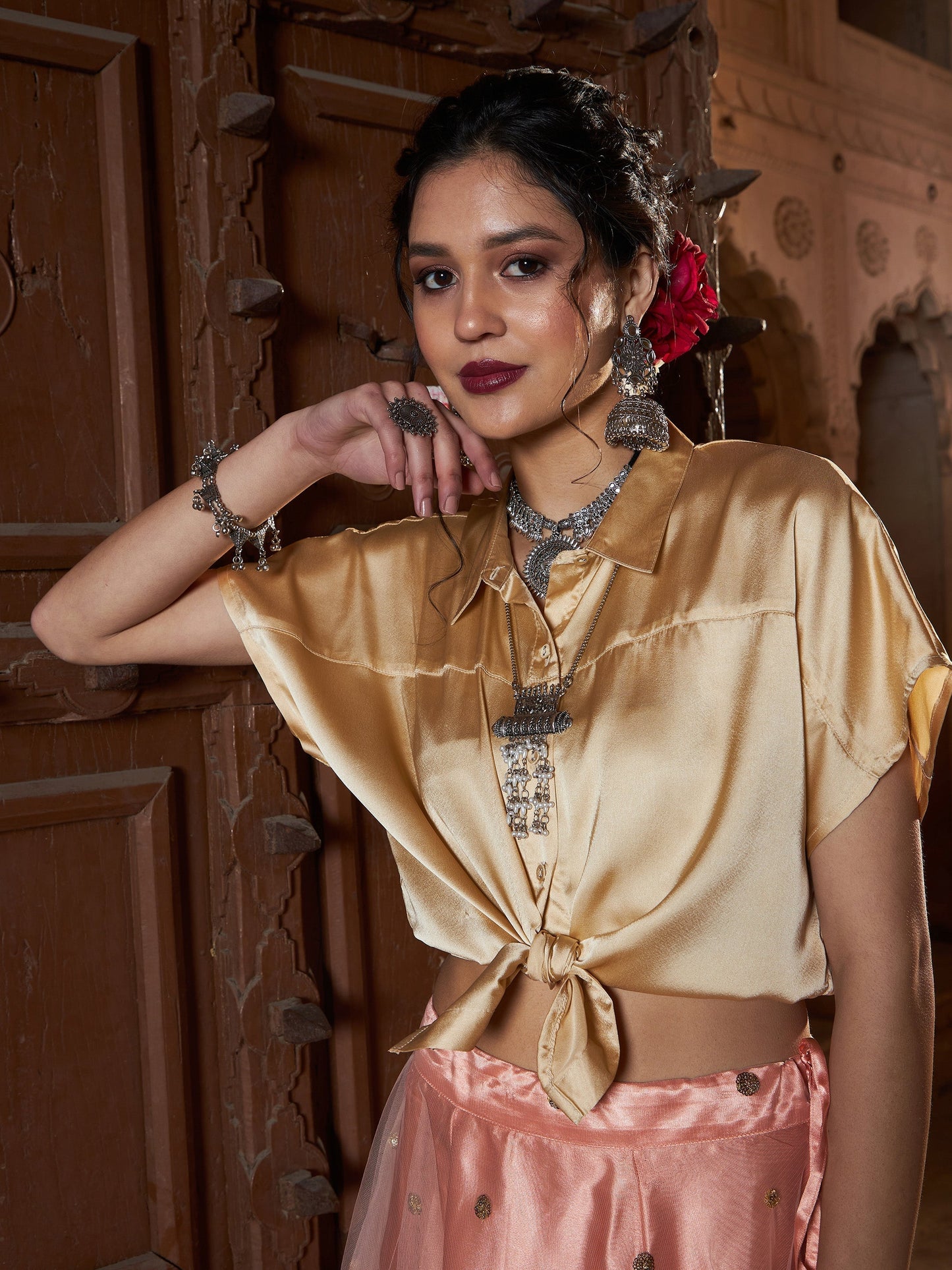 Women's Gold Satin Crop Shirt With Peach Tulle Sequin Skirt - Lyush