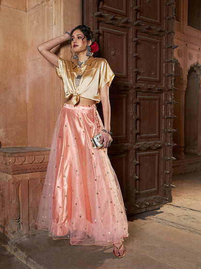 Women's Gold Satin Crop Shirt With Peach Tulle Sequin Skirt - Lyush