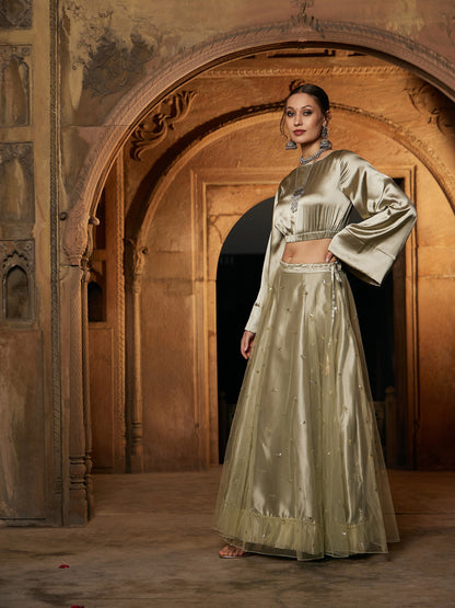 Women's Olive Satin Crop Top With Tulle Sequin Anarkali Skirt - Lyush