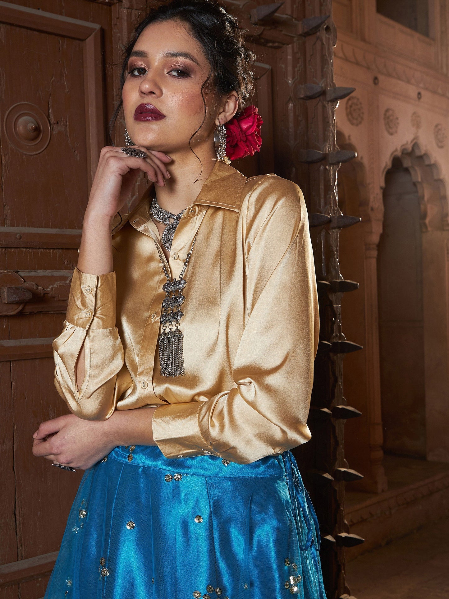 Women's Gold Satin Shirt With Teal Tulle Sequin Skirt - Lyush