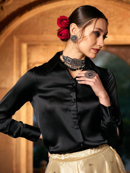 Women's Black Satin Shirt With Gold Tulle Sequin Skirt - Lyush