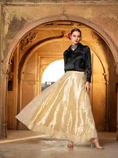 Women's Black Satin Shirt With Gold Tulle Sequin Skirt - Lyush