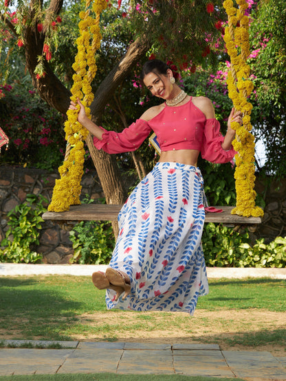 Women's Pink Embroidered Crop Top With Lotus Print Flared Skirt - Lyush