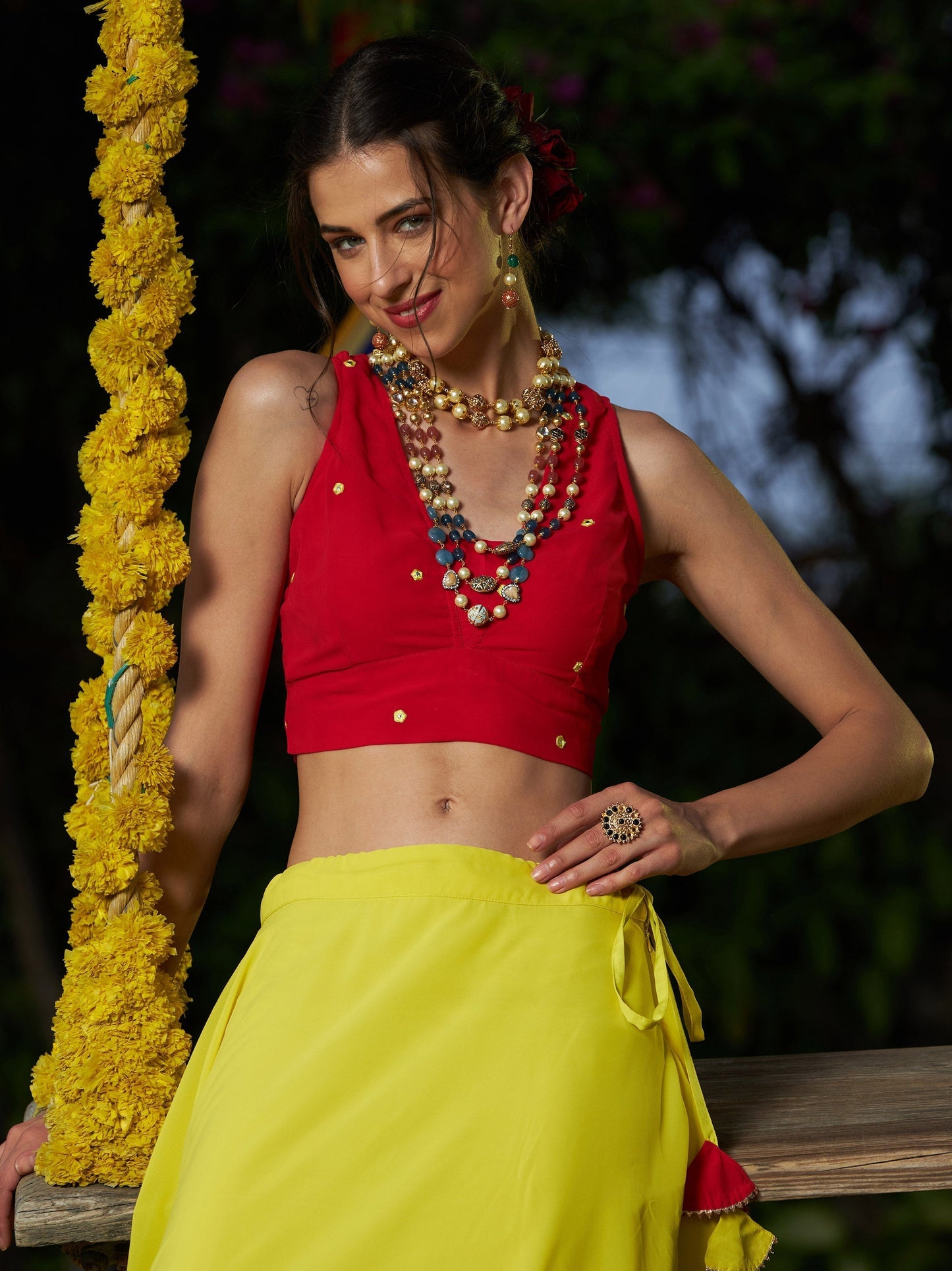 Women's Red Embroidered Crop Top With Yellow Flared Skirt - Lyush