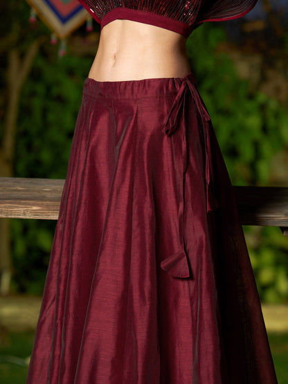 Women's Maroon Mesh Mettalic Detail Top with Chanderi Skirt - Lyush