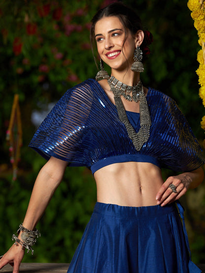 Women's Blue Mesh Mettalic Detail Top with Chanderi Skirt - Lyush