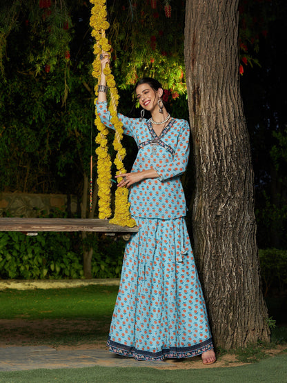 Women's Blue Floral Peplum Top With Anarkali Skirt - Lyush