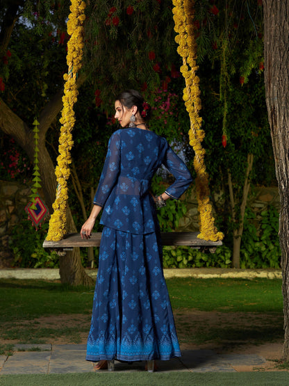 Women's Navy Floral Peplum Top With Anarkali Skirt - Lyush