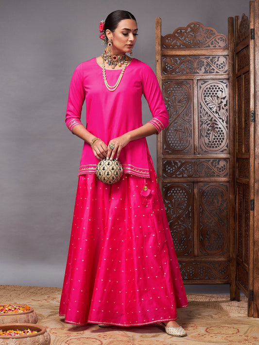 Women's Fuchsia Banjara Top With Jacquard Anarkali Skirt - Lyush