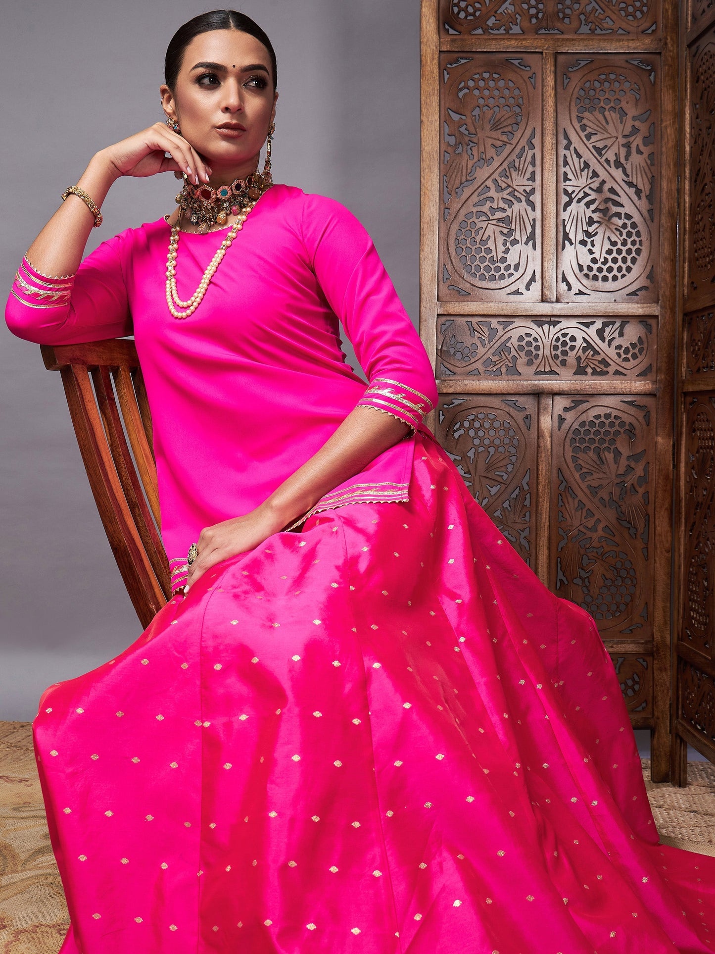 Women's Fuchsia Banjara Top With Jacquard Anarkali Skirt