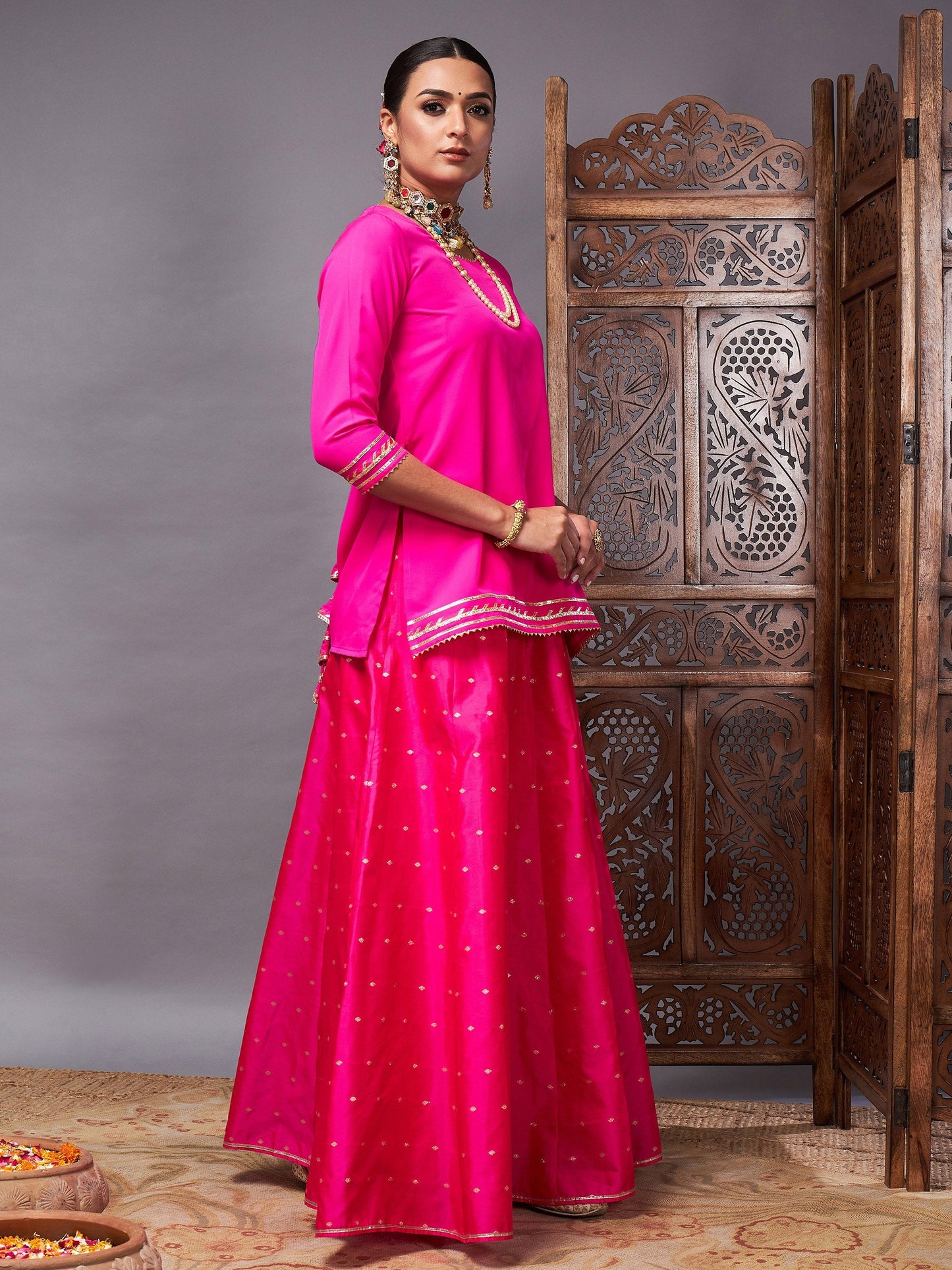 Women's Fuchsia Banjara Top With Jacquard Anarkali Skirt