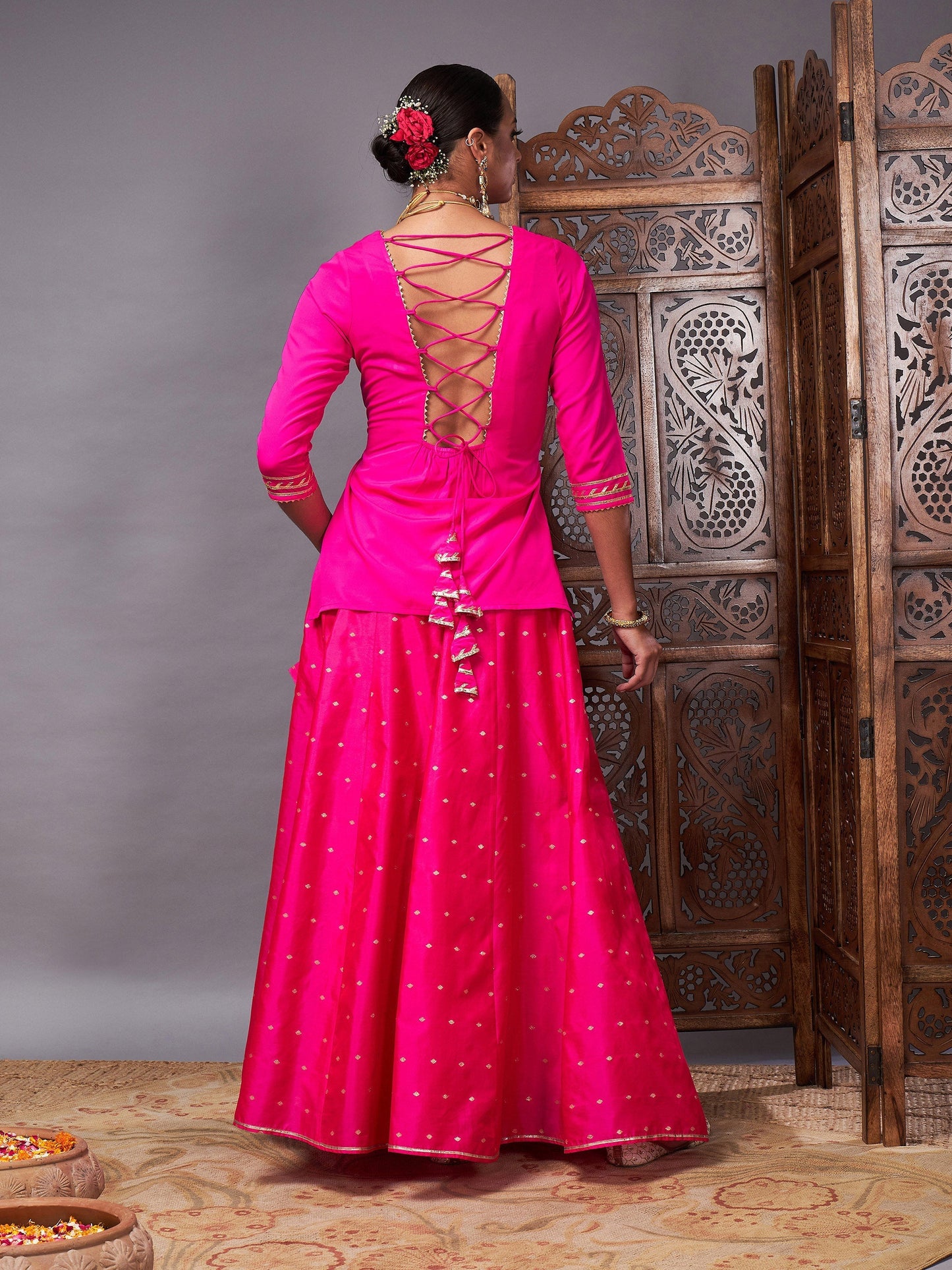 Women's Fuchsia Banjara Top With Jacquard Anarkali Skirt