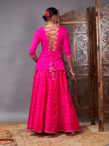 Women's Fuchsia Banjara Top With Jacquard Anarkali Skirt