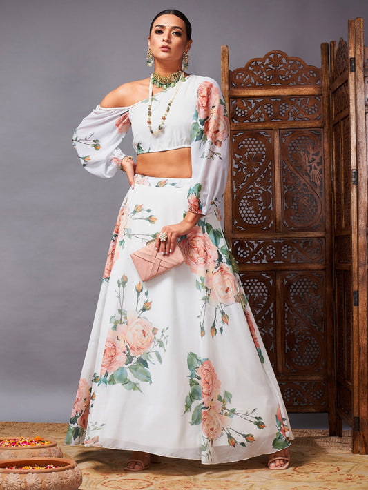 Women's White Floral One Shoulder Crop Top With Anarkali Skirt - Lyush