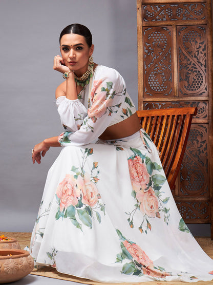 Women's White Floral One Shoulder Crop Top With Anarkali Skirt