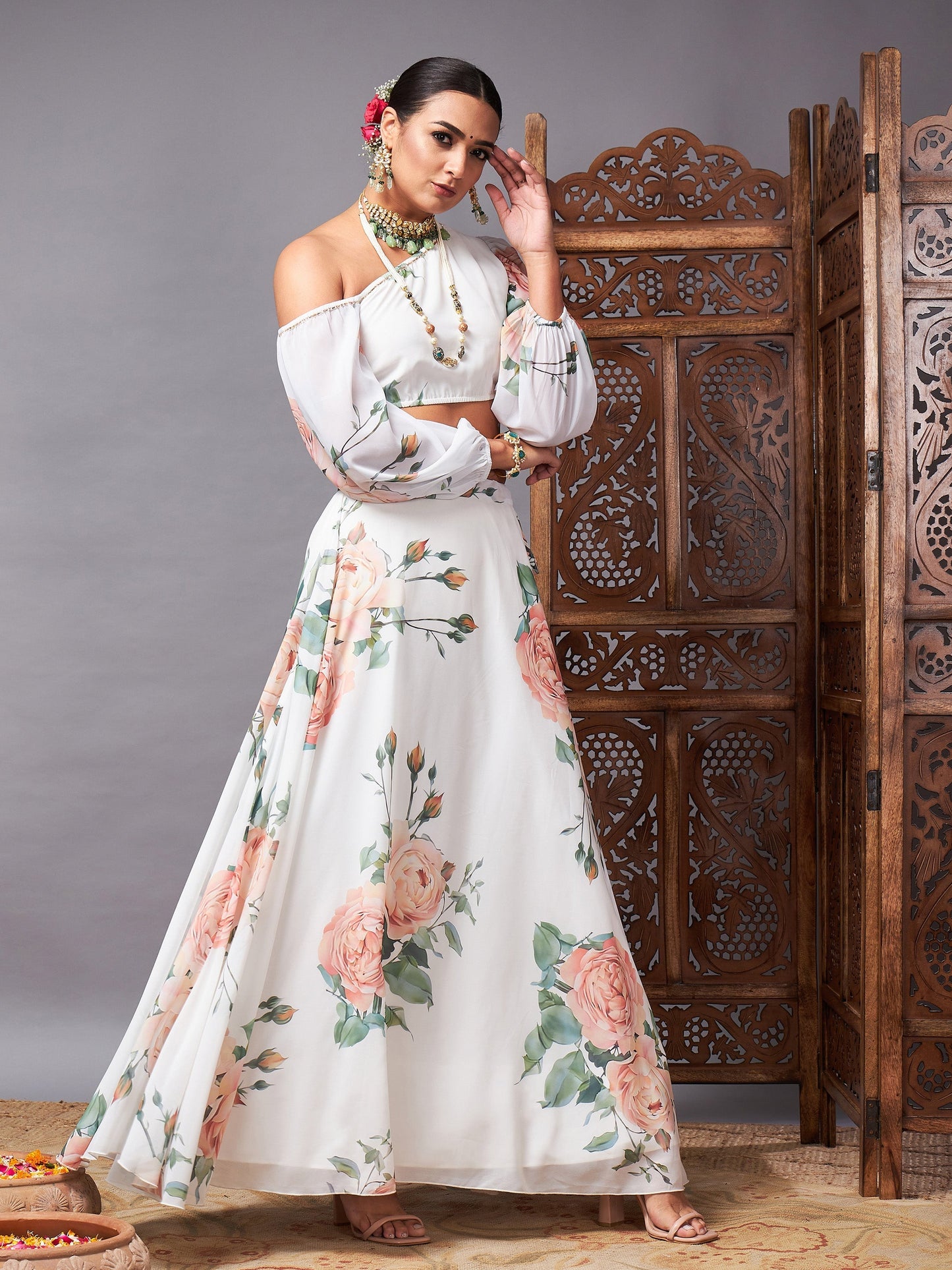 Women's White Floral One Shoulder Crop Top With Anarkali Skirt - Lyush