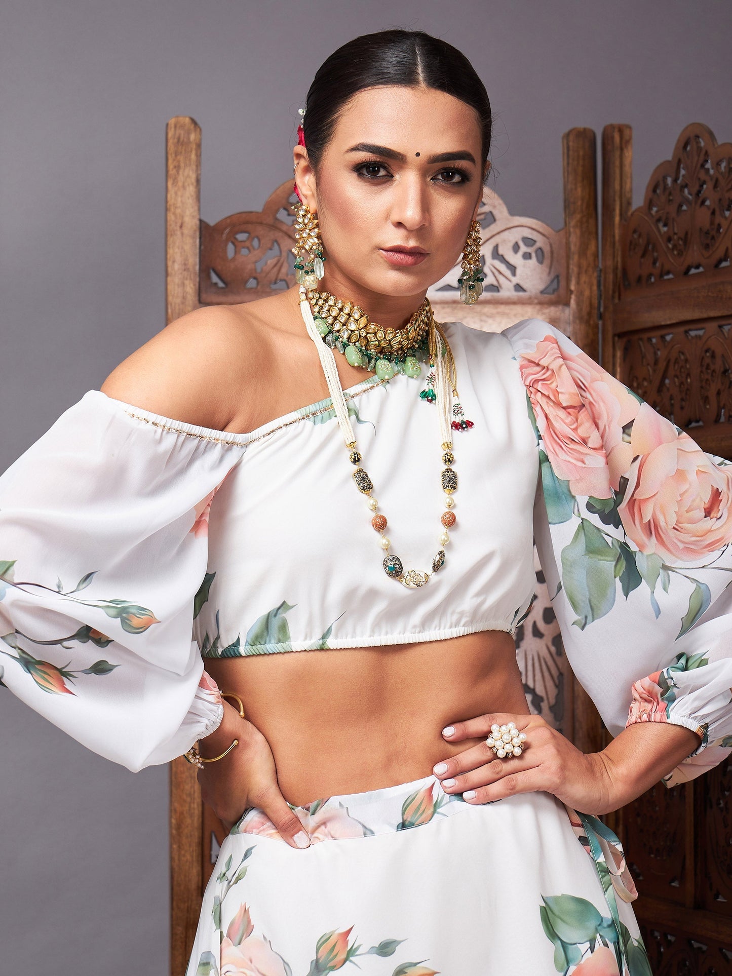 Women's White Floral One Shoulder Crop Top With Anarkali Skirt