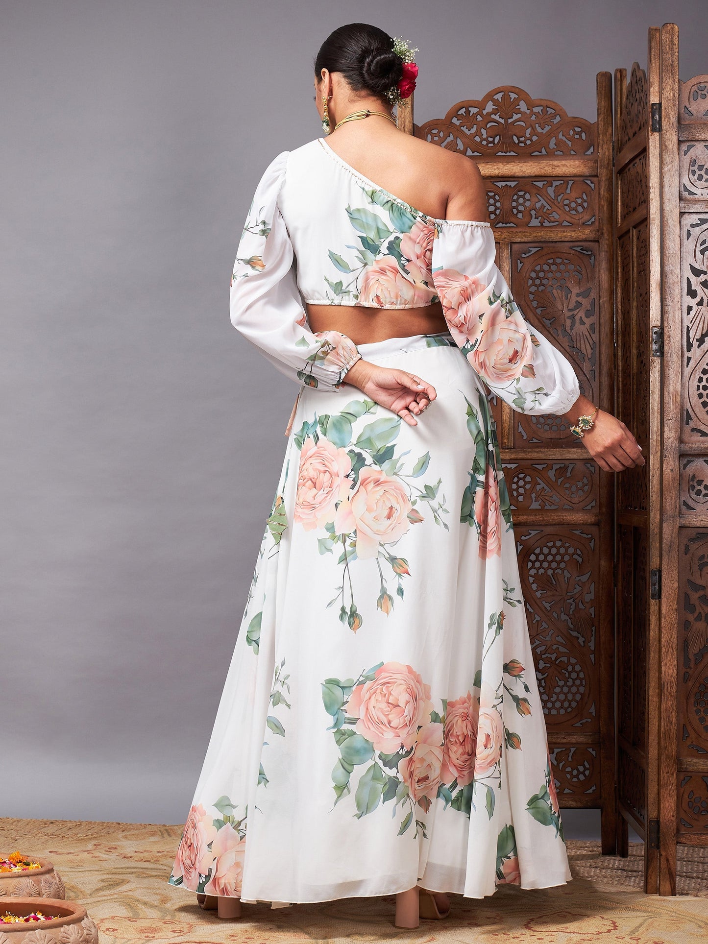 Women's White Floral One Shoulder Crop Top With Anarkali Skirt