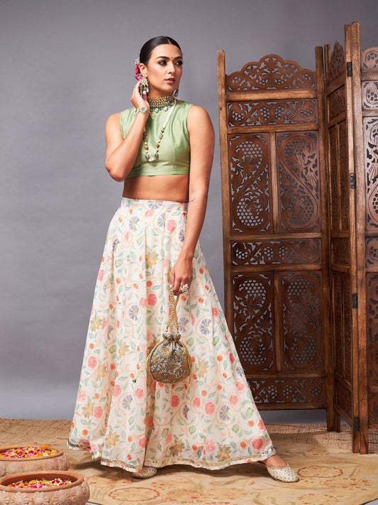 Women's Green Crop Top With Beige Floral Anarkali Skirt - Lyush