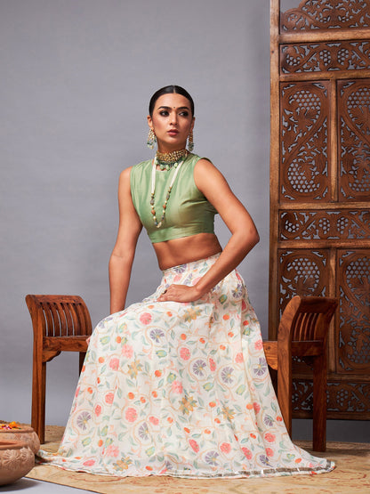 Women's Green Crop Top With Beige Floral Anarkali Skirt