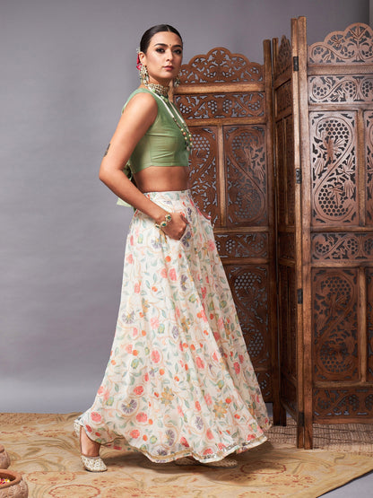 Women's Green Crop Top With Beige Floral Anarkali Skirt