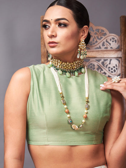 Women's Green Crop Top With Beige Floral Anarkali Skirt - Lyush