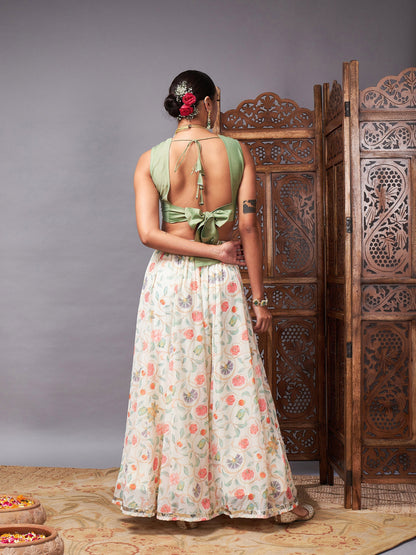 Women's Green Crop Top With Beige Floral Anarkali Skirt - Lyush