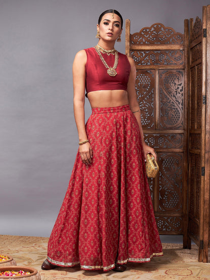 Women's Maroon Crop Top With Pocket Anarkali Skirt