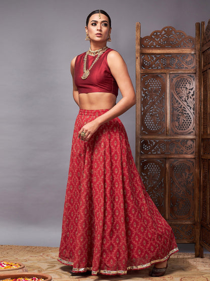 Women's Maroon Crop Top With Pocket Anarkali Skirt