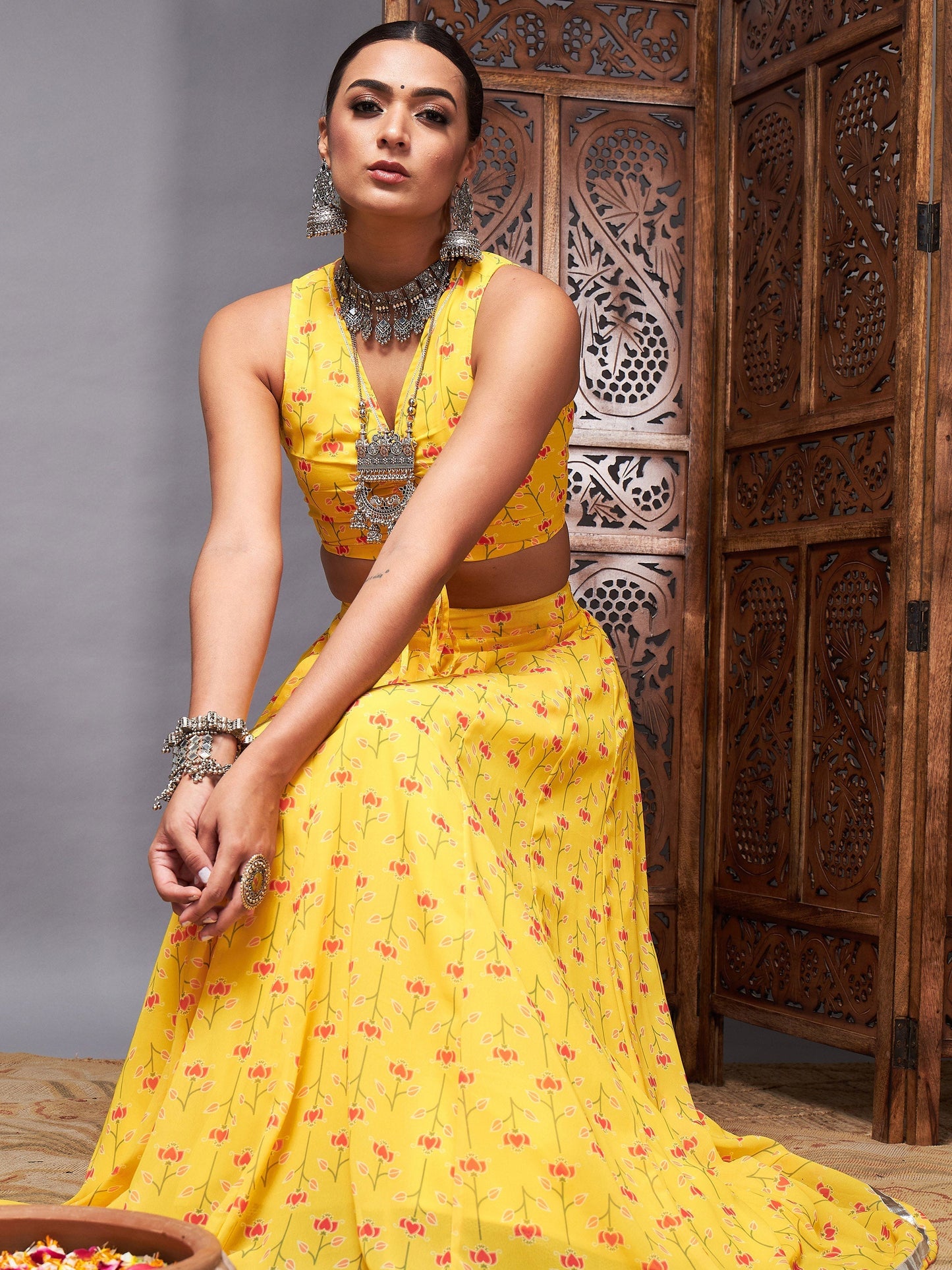 Women's Yellow Ruched Crop With Pocket Anarkali Skirt