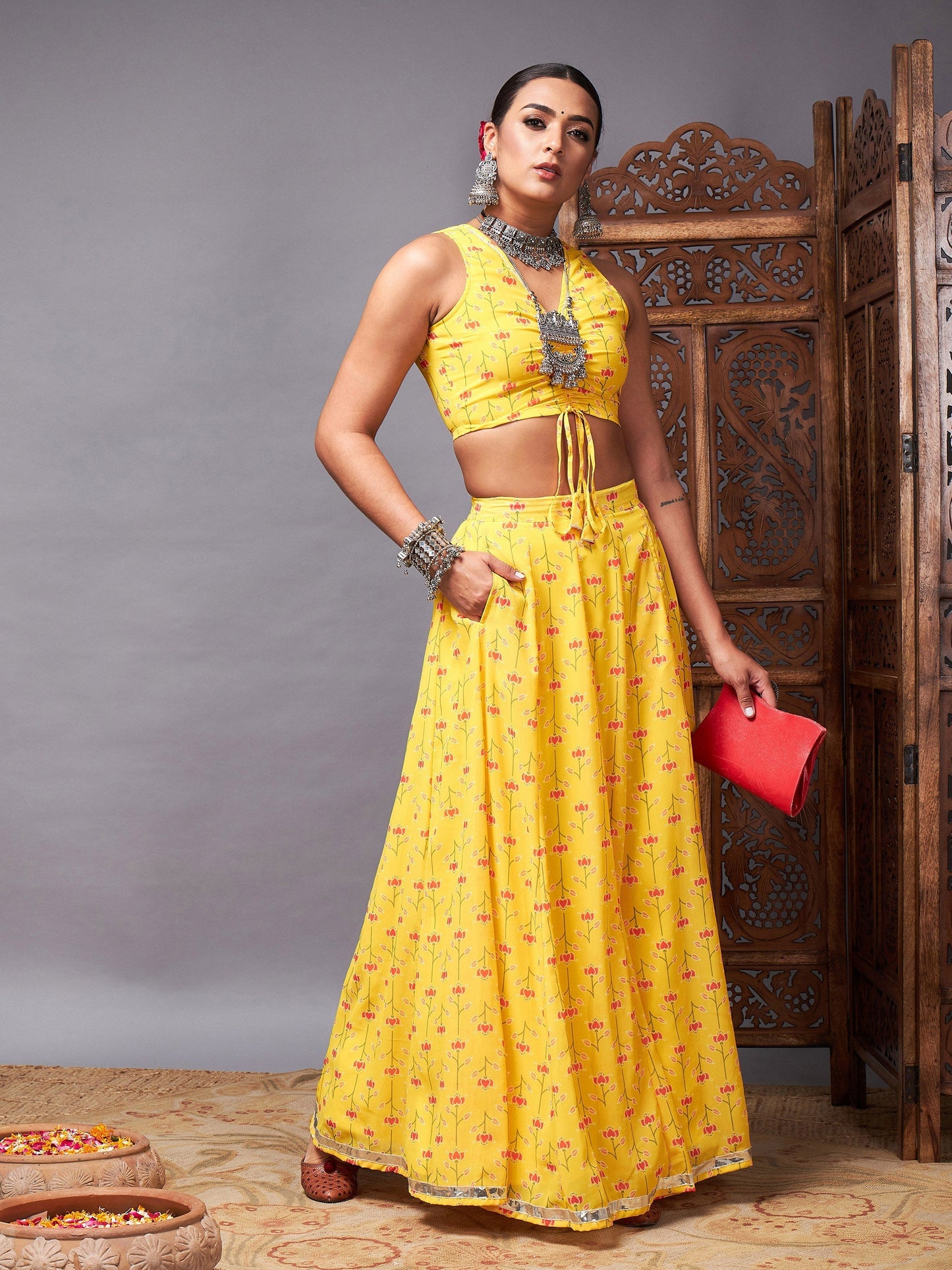 Women's Yellow Ruched Crop With Pocket Anarkali Skirt