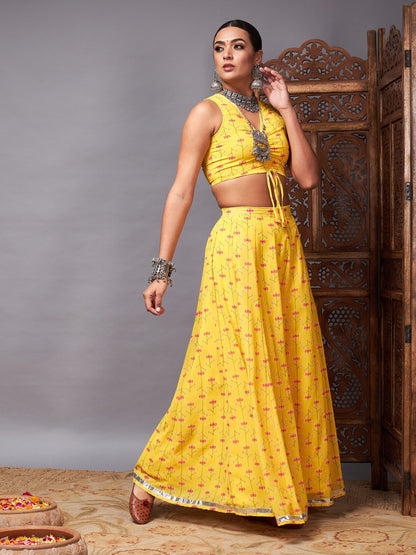 Women's Yellow Ruched Crop With Pocket Anarkali Skirt