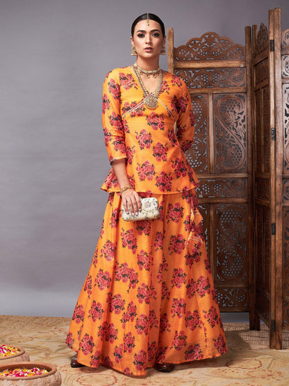 Women's Mustard Floral Peplum Top With Anarkali Skirt