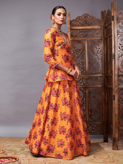 Women's Mustard Floral Peplum Top With Anarkali Skirt