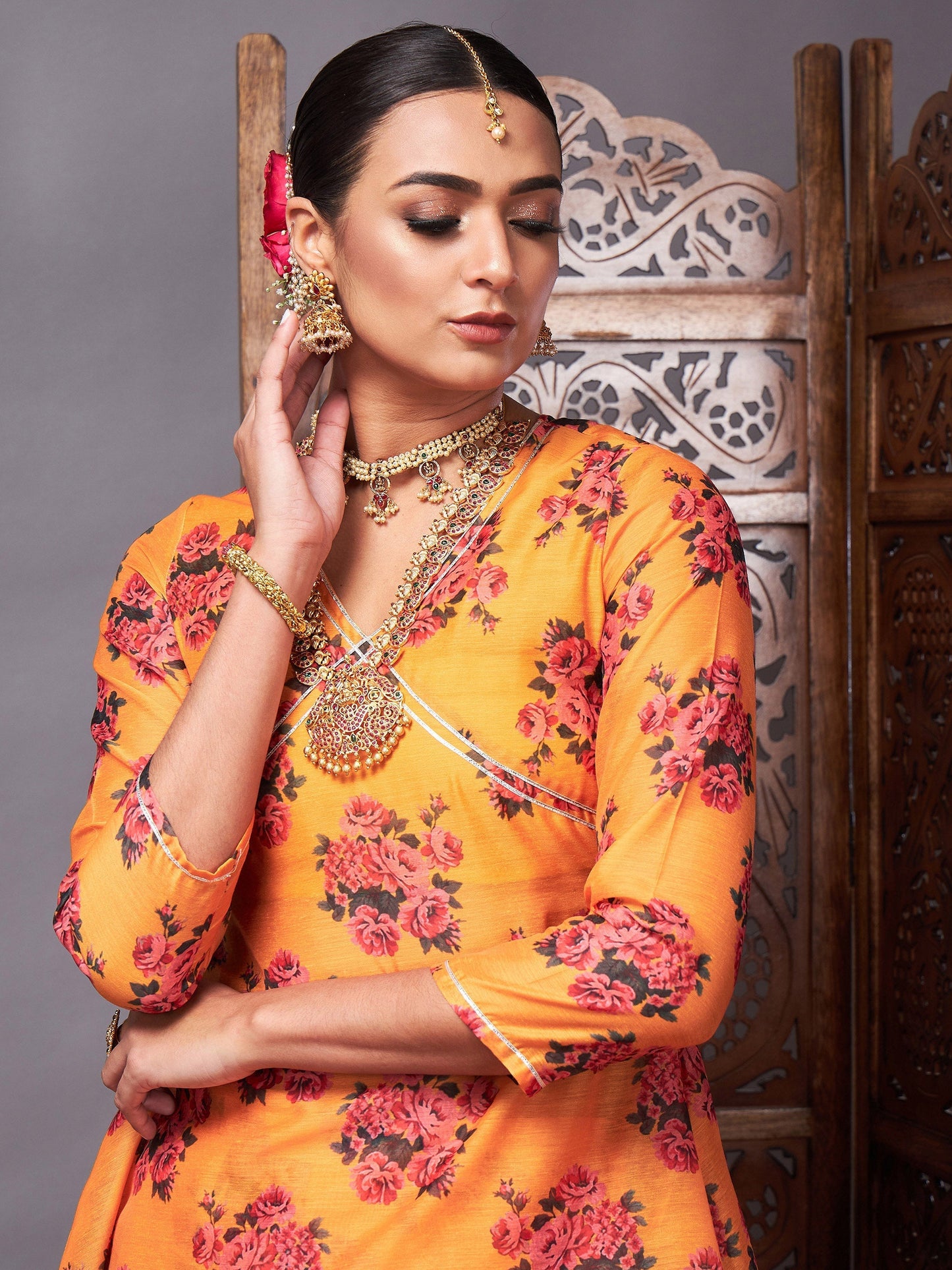 Women's Mustard Floral Peplum Top With Anarkali Skirt