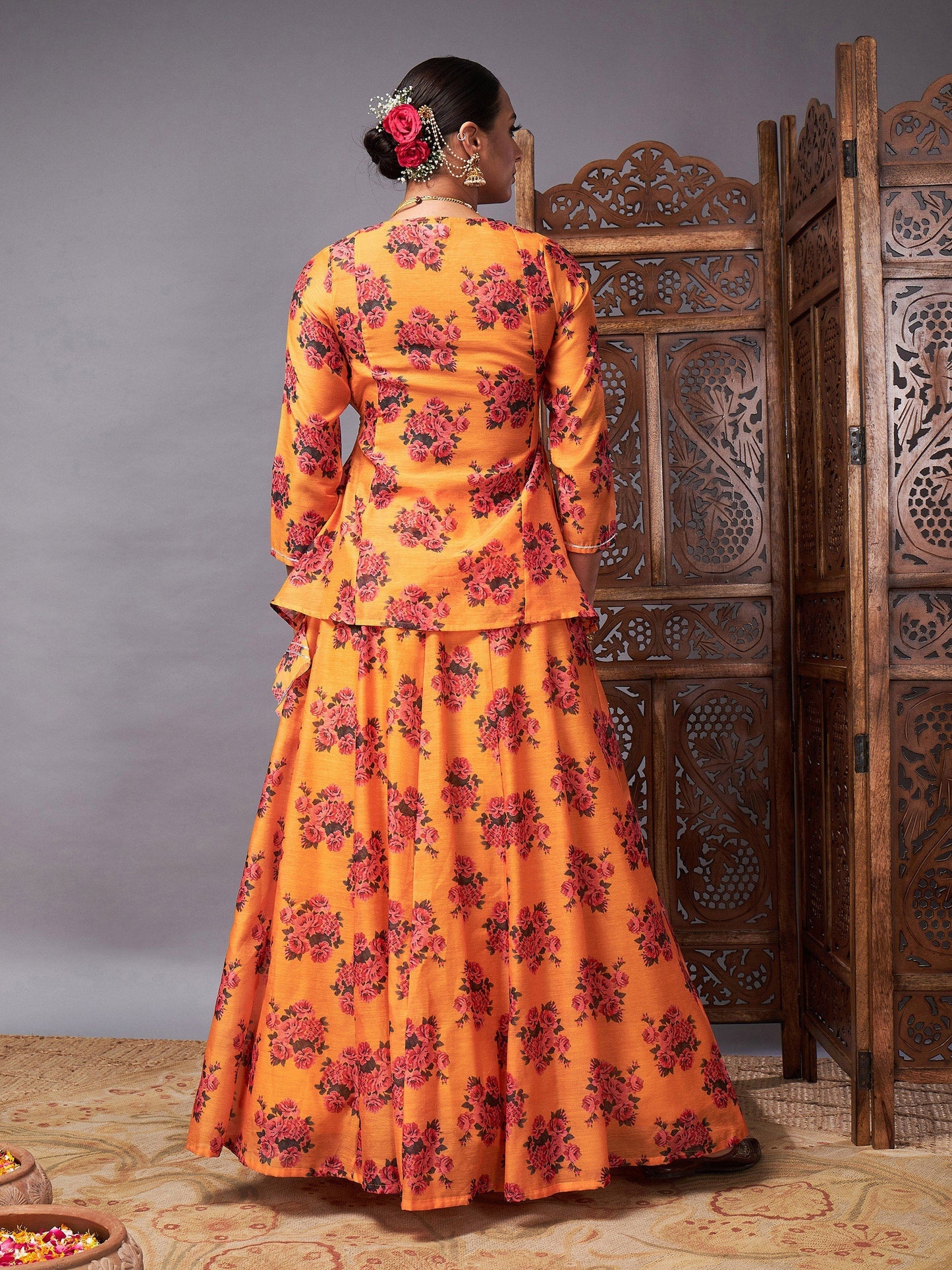 Women's Mustard Floral Peplum Top With Anarkali Skirt