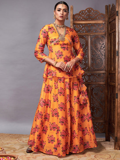 Women's Mustard Floral Peplum Top With Anarkali Skirt - Lyush