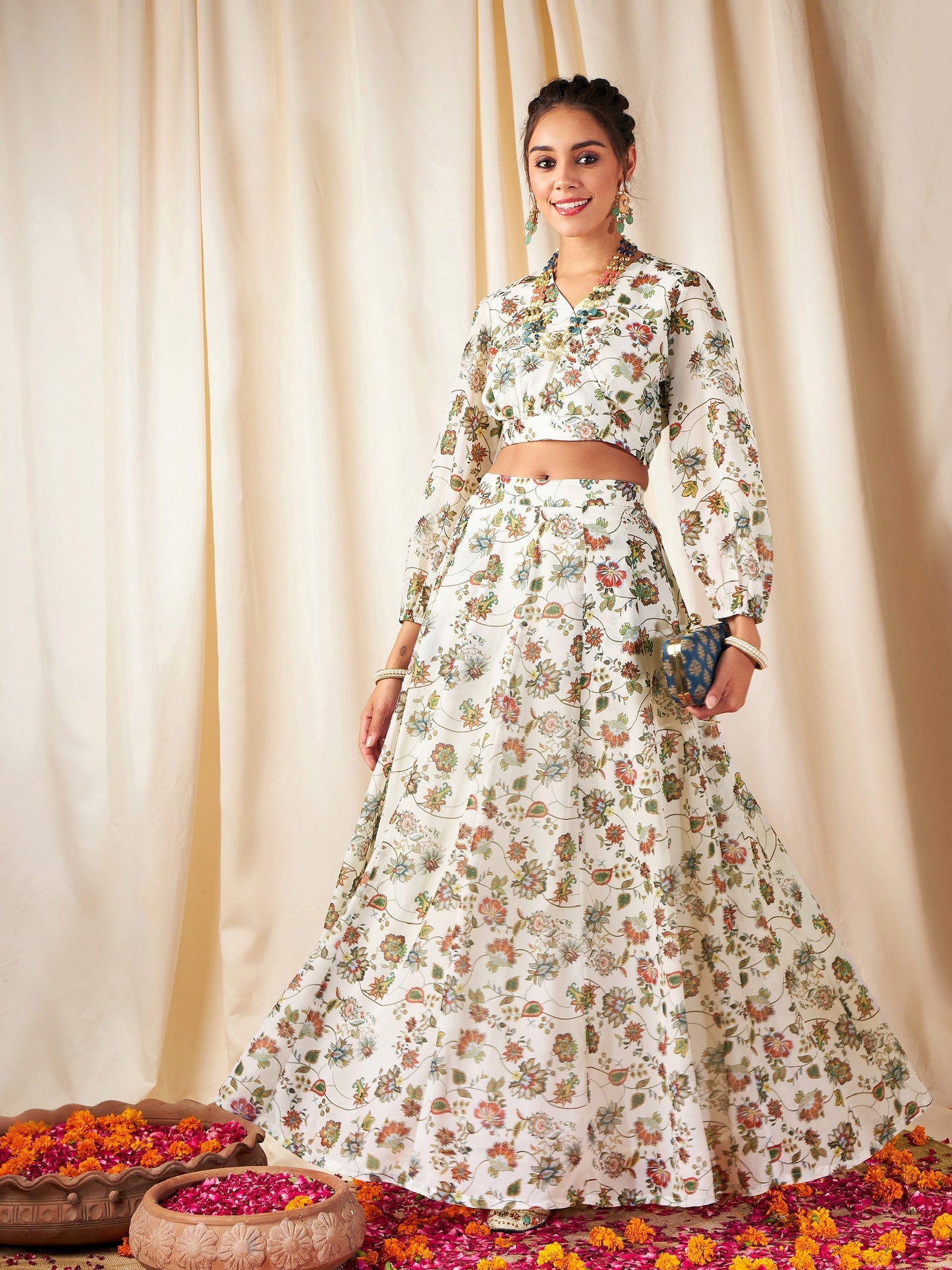 Women's Beige Floral Wrap Top With Anarkali Skirt