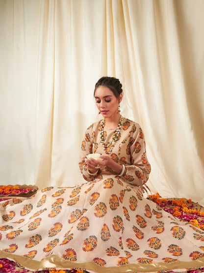 Women's Beige Floral Crop Top With Anarkali Skirt