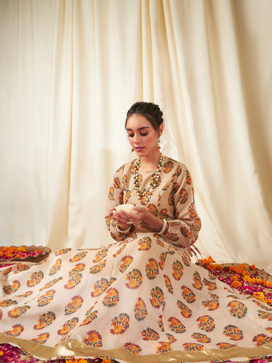 Women's Beige Floral Crop Top With Anarkali Skirt