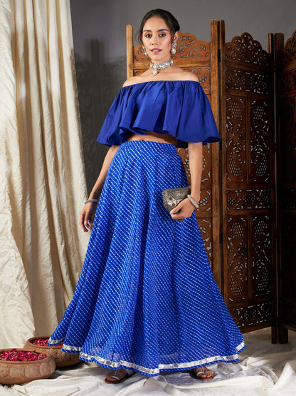 Women's Blue Lehariya Off Shoulder Crop Top With Anarkali Skirt