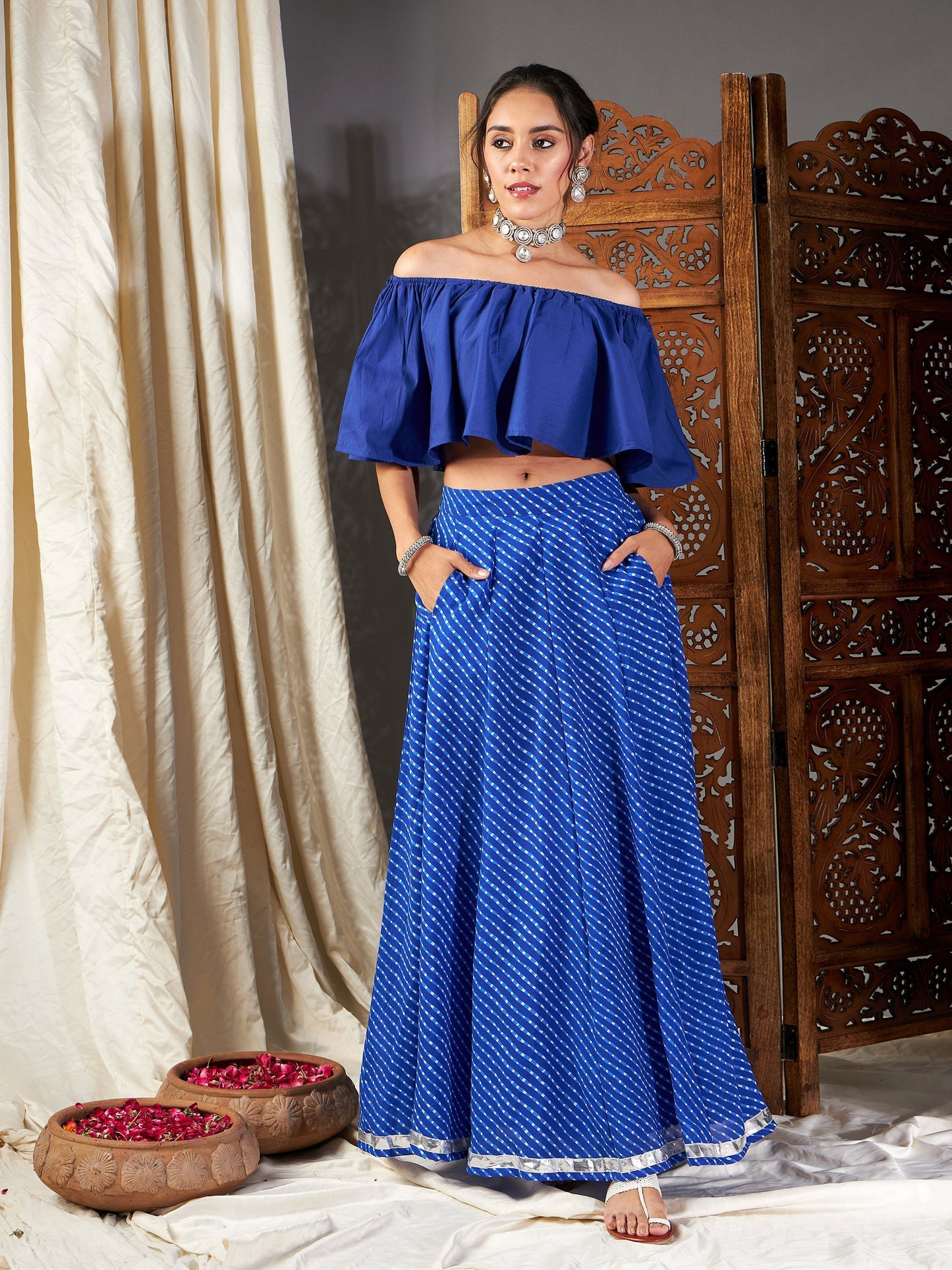 Women's Blue Lehariya Off Shoulder Crop Top With Anarkali Skirt