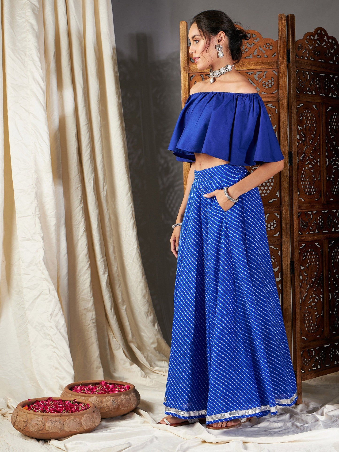 Women's Blue Lehariya Off Shoulder Crop Top With Anarkali Skirt