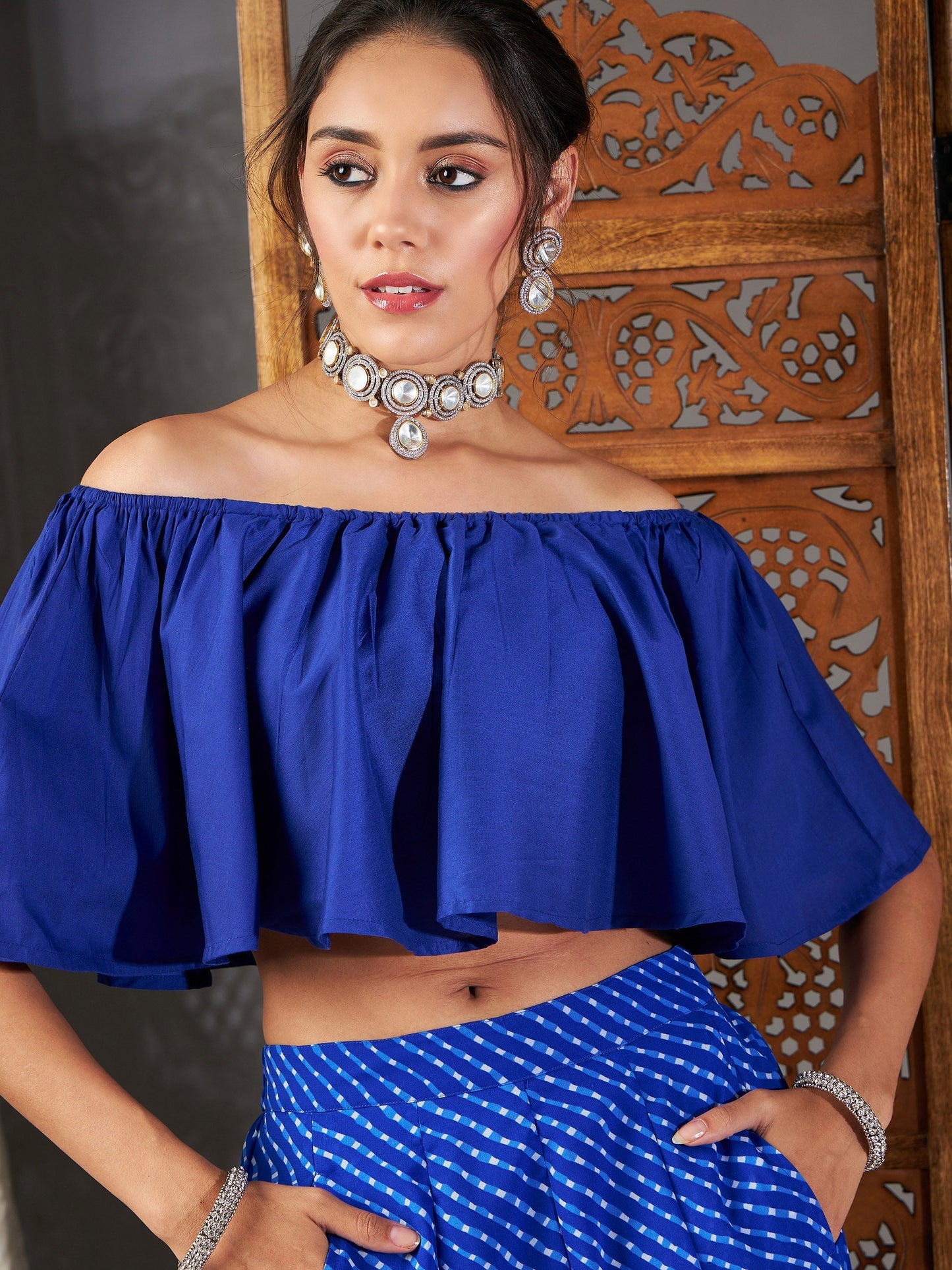 Women's Blue Lehariya Off Shoulder Crop Top With Anarkali Skirt