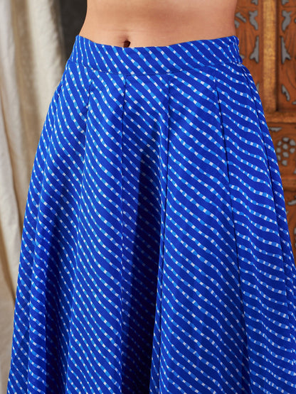 Women's Blue Lehariya Off Shoulder Crop Top With Anarkali Skirt