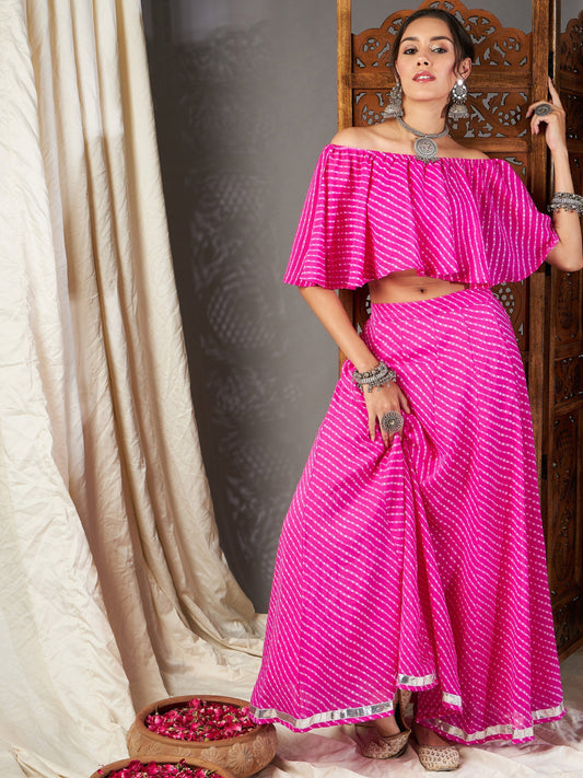 Women's Pink Lehariya Off Shoulder Crop Top With Anarkali Skirt